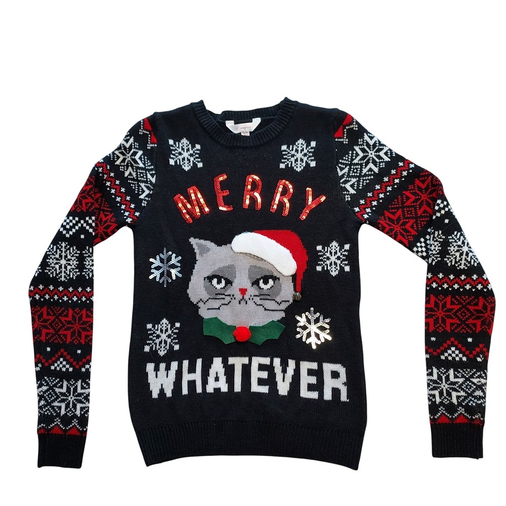 Ugly‎ Christmas Sweater Grumpy Cat Merry Whatever Sparkle Snowflakes Sequin S